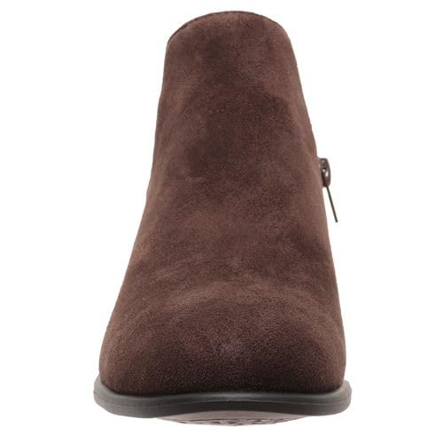 A single dark brown suede ankle boot shown from a front-facing perspective against a plain white background.