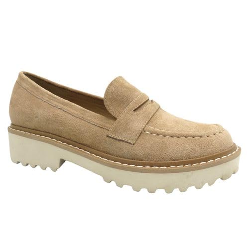 Pierre Dumas Footwear, Women’s Mora-1 Chunky Penny Loafer - Featuring a 1.5 Chunky Heel, Cushioned Insole Flats for All Day Wear, Taupe Faux Suede