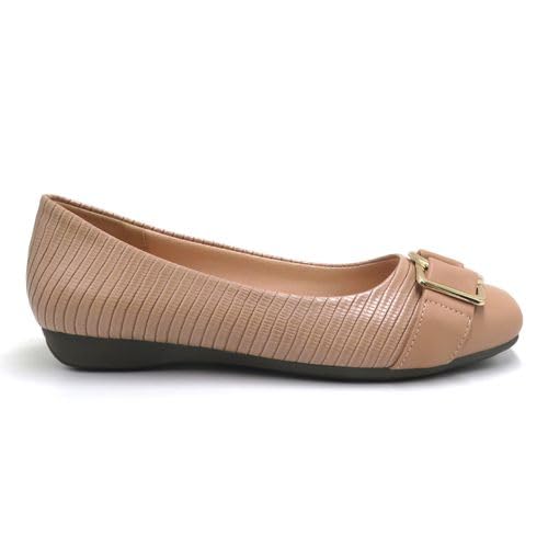 Pierre Dumas Footwear Women's Linzee-2 Slip-On Loafers, with Gold Buckle and Strap, Textured Croco Design, Fashion Trendy Flats, Nude