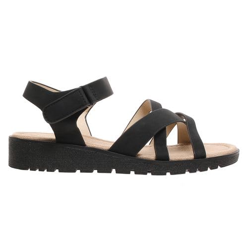 Pierre Dumas Footwear Women’s Catalina-1 Flip Flop Sandal with a 1.25 Heel - Comfortable Cushioned Footbed, Trendy, with Adjustable Hook and Loop Strap for All-Day Wear, Versatile Style, Black