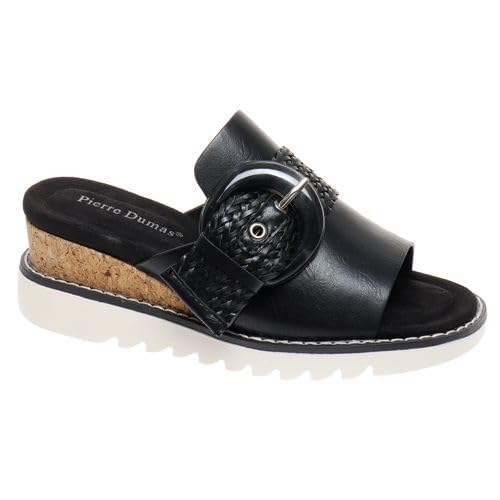 Pierre Dumas Footwear, Women's Expand-4 Wedge, Slide Sandals with Adjustable Buckle, Slip-On, Open Toe, Black