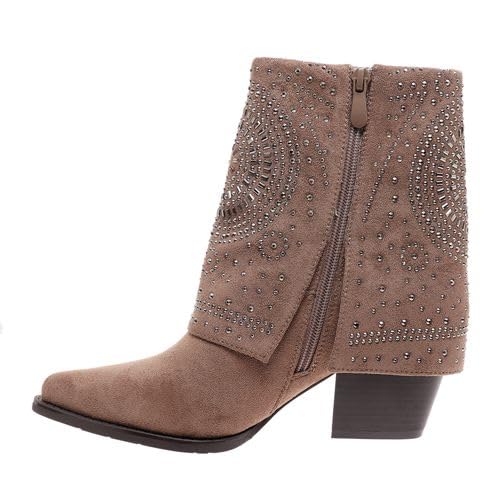 Pierre Dumas Footwear Women’s Kaia-1 Fold Over Studded Cowboy Boot, with 2.75-Inch Heel Taupe