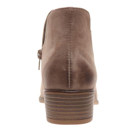 A single brown suede ankle boot shown from the back, featuring a stacked block heel with horizontal grooves and a small side zipper.