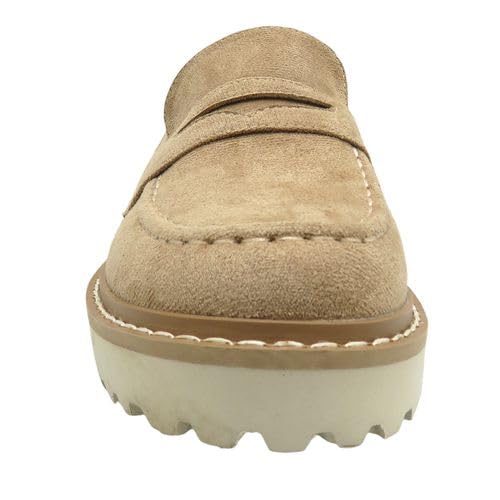 Pierre Dumas Footwear, Women’s Mora-1 Chunky Penny Loafer - Featuring a 1.5 Chunky Heel, Cushioned Insole Flats for All Day Wear, Taupe Faux Suede