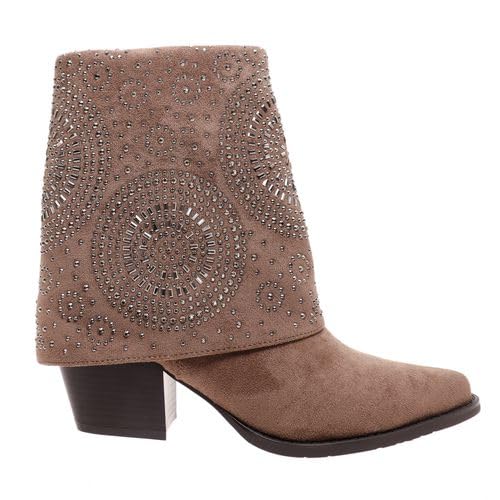 Pierre Dumas Footwear Women’s Kaia-1 Fold Over Studded Cowboy Boot, with 2.75-Inch Heel Taupe
