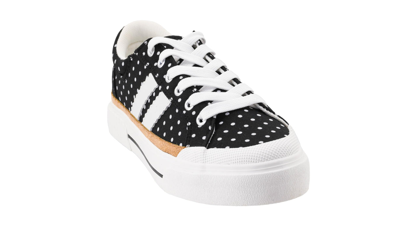 Black polka dot sneaker with white laces on a white background