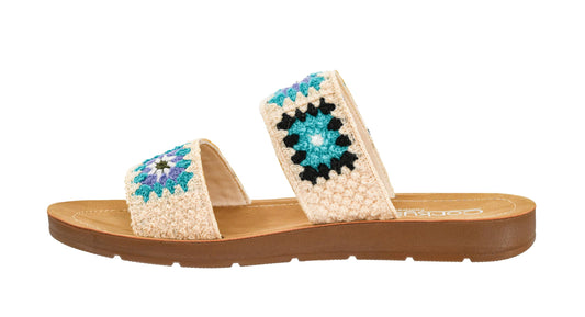 Corkys Footwear Toodles Double Strap Sandal - Featuring Two Colorful Crocheted Straps, A Comfy and Cushioned Insole, Easy and Convenient Slip-On design