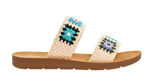 Corkys Footwear Toodles Double Strap Sandal - Featuring Two Colorful Crocheted Straps, A Comfy and Cushioned Insole, Easy and Convenient Slip-On design