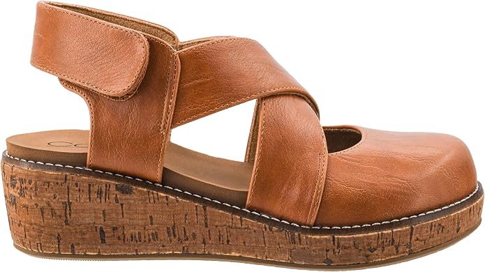 A single brown leather wedge sandal with crisscrossing straps and a cork-textured wedge heel, shown from a side profile on a white background.