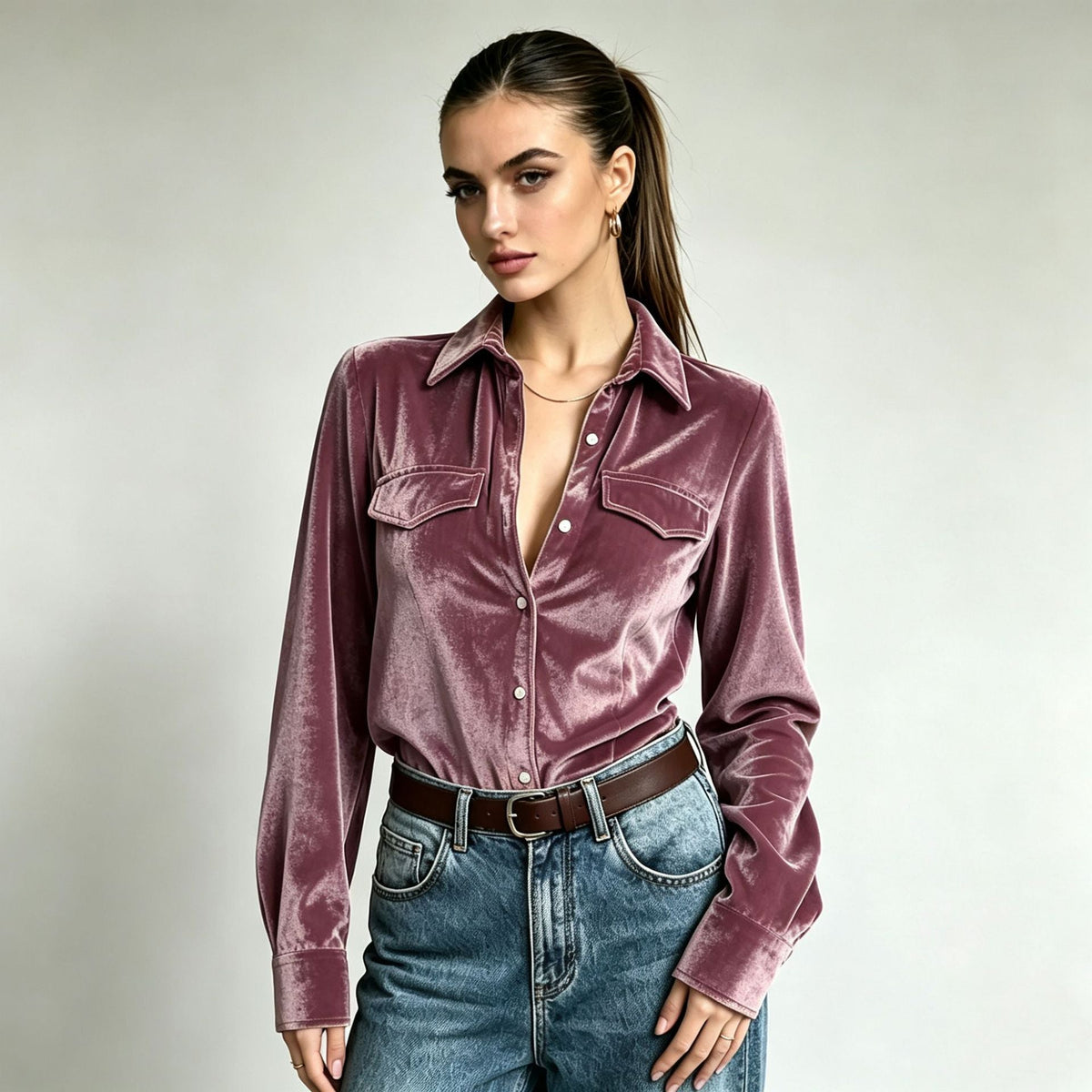 Autumn Holiday Pocket-Style Button-Up Shirt For Women Solid-Color Velvet Lapel Long-Sleeve Top
