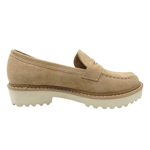 Pierre Dumas Footwear, Women’s Mora-1 Chunky Penny Loafer - Featuring a 1.5 Chunky Heel, Cushioned Insole Flats for All Day Wear, Taupe Faux Suede