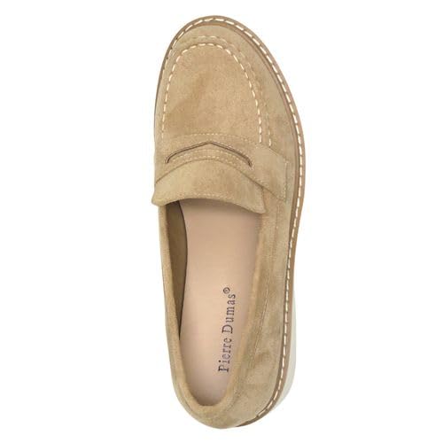 Pierre Dumas Footwear, Women’s Mora-1 Chunky Penny Loafer - Featuring a 1.5 Chunky Heel, Cushioned Insole Flats for All Day Wear, Taupe Faux Suede