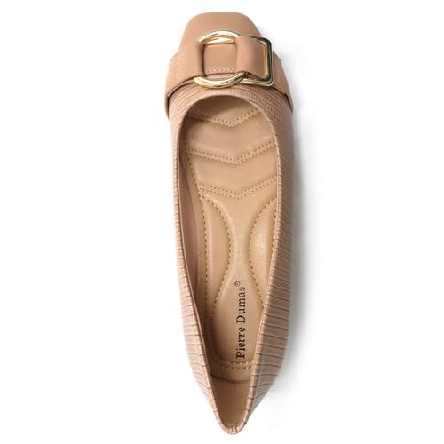 Pierre Dumas Footwear Women's Linzee-2 Slip-On Loafers, with Gold Buckle and Strap, Textured Croco Design, Fashion Trendy Flats, Nude