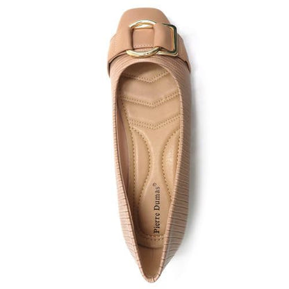 Pierre Dumas Footwear Women's Linzee-2 Slip-On Loafers, with Gold Buckle and Strap, Textured Croco Design, Fashion Trendy Flats, Nude