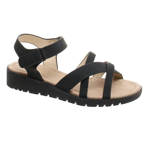Pierre Dumas Footwear Women’s Catalina-1 Flip Flop Sandal with a 1.25 Heel - Comfortable Cushioned Footbed, Trendy, with Adjustable Hook and Loop Strap for All-Day Wear, Versatile Style, Black