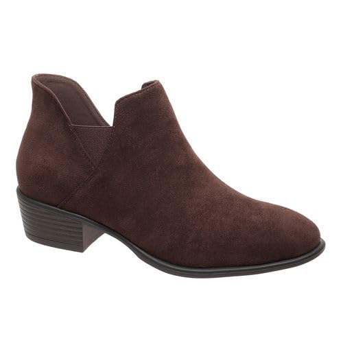 A dark brown suede ankle boot with a low stacked block heel and a side elastic gore, shown from a side profile on a white background.