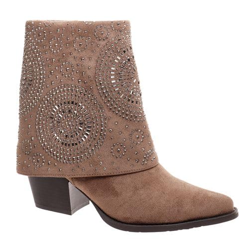Pierre Dumas Footwear Women’s Kaia-1 Fold Over Studded Cowboy Boot, with 2.75-Inch Heel, Taupe