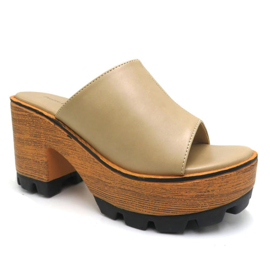 Pierre Dumas Footwear Colby-1 Heeled Sandal - With A 3.50-Inch Heel, Chunky Heel, Slip-on Comfort, and a Stylish Faux Wooden Outsole, Nude