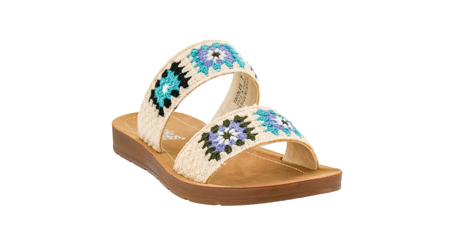 Corkys Footwear Toodles Double Strap Sandal - Featuring Two Colorful Crocheted Straps, A Comfy and Cushioned Insole, Easy and Convenient Slip-On design