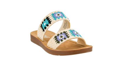 Corkys Footwear Toodles Double Strap Sandal - Featuring Two Colorful Crocheted Straps, A Comfy and Cushioned Insole, Easy and Convenient Slip-On design