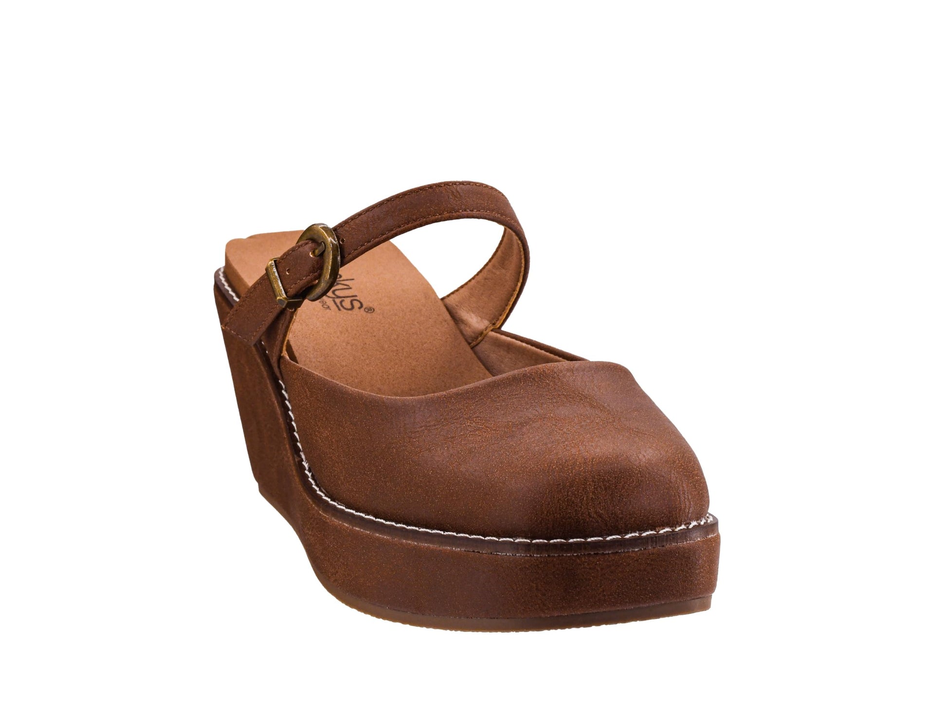 A brown leather wedge shoe with a Mary Jane strap and a small gold-tone buckle, shown from a three-quarters angle on a white background.