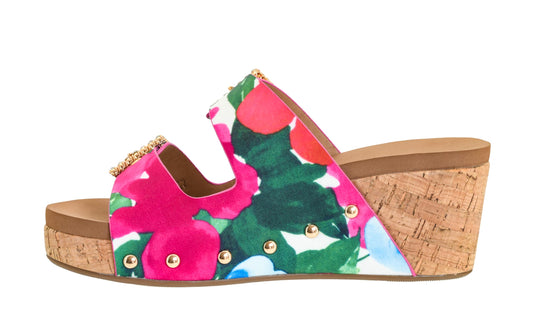 Corkys Footwear Womens Main Squeeze Wedge - Featuring a 2.5-Inch Wedge, Two Fully Adjustable Rhinestone Buckles, Comfortable EVA Insoles for All-Day Wear - Floral, Size 11