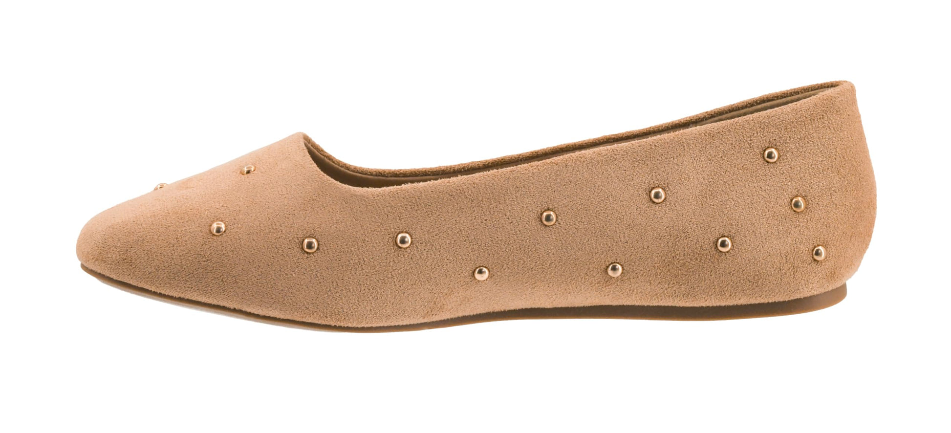 Beige flat shoe with decorative studs on a white background