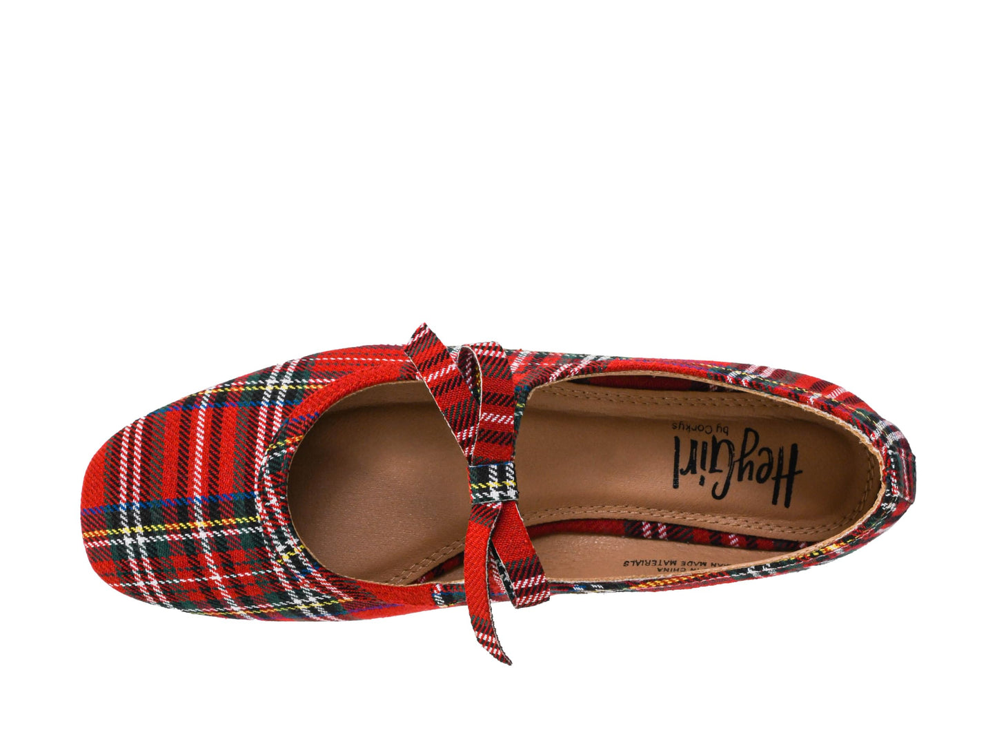 A single red tartan plaid flat shoe with a bow detail on the top, shown from a top-down view against a white background. The insole features the brand name 'Hey Girl by Design' in black script.