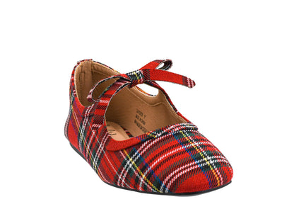 A single red tartan plaid baby ballet flat shoe with a bow detail on the instep, shown against a plain white background.