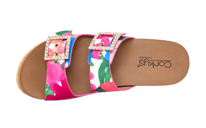 Corkys Footwear Womens Main Squeeze Wedge - Featuring a 2.5-Inch Wedge, Two Fully Adjustable Rhinestone Buckles, Comfortable EVA Insoles for All-Day Wear - Floral, Size 11