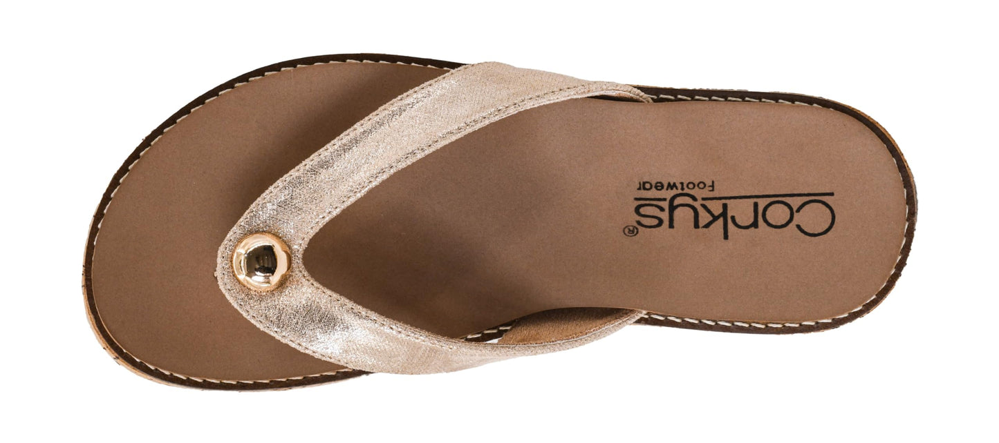 Corkys Footwear Off the Deep End Women’s Thong Flip Flop – With Cushioned EVA Insoles for Comfort, A Metal Domae Accent, and a Cork Wrapped 1-Inch Heel