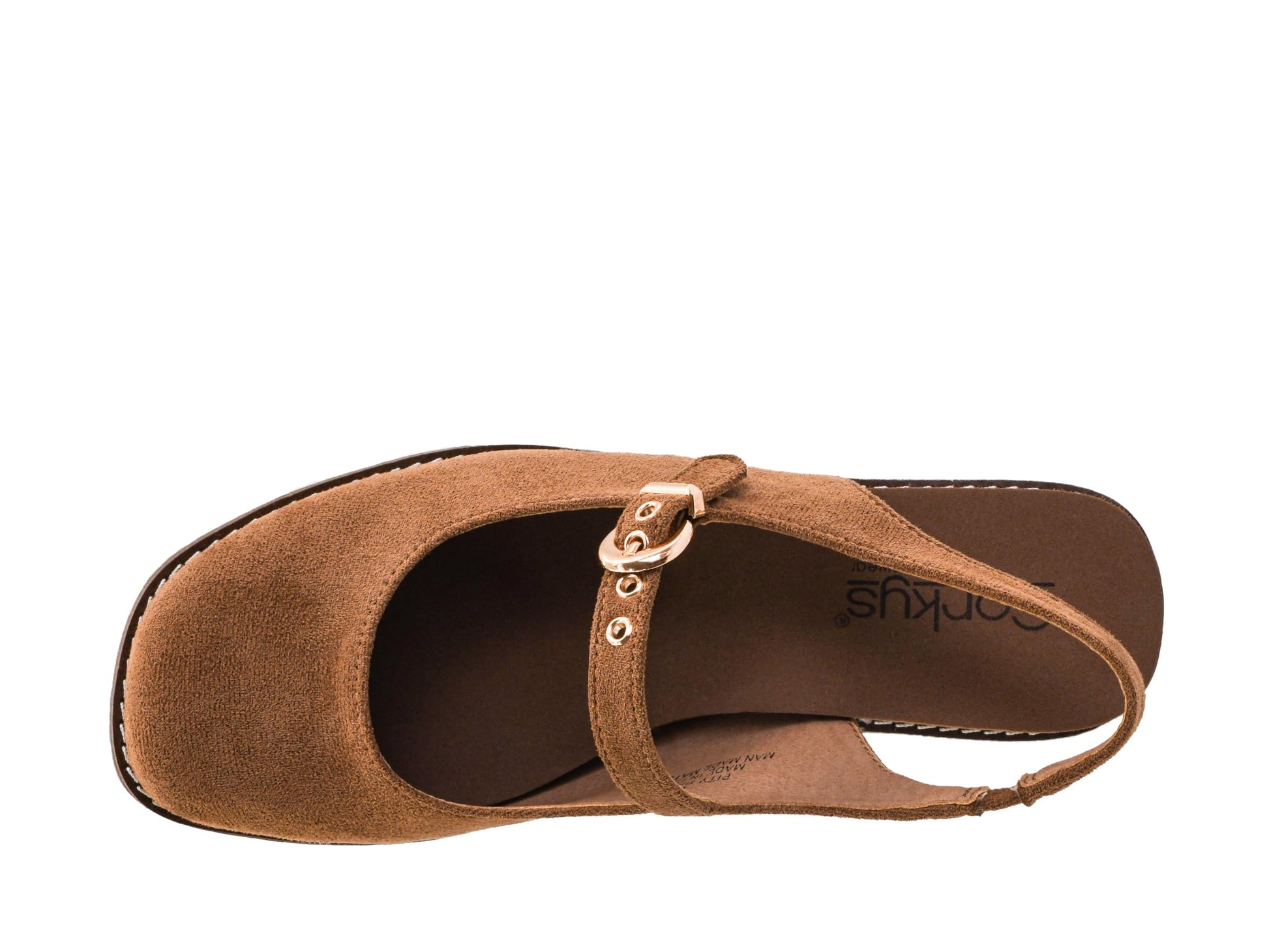 A single brown suede Mary Jane slingback shoe with a small gold-tone buckle, shown from a top-down view on a white background.
