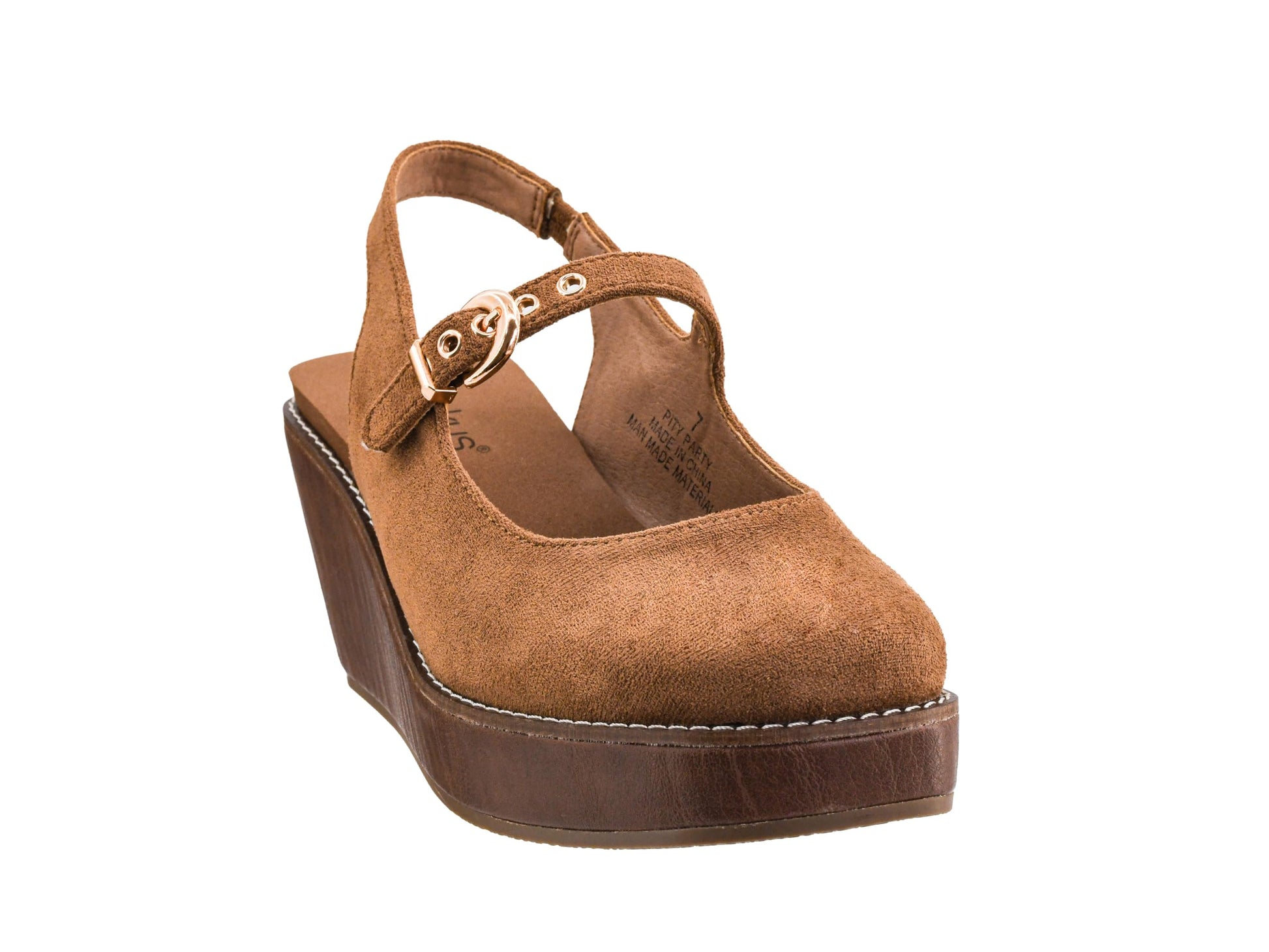 Brown wedge sandal with a strap on a white background