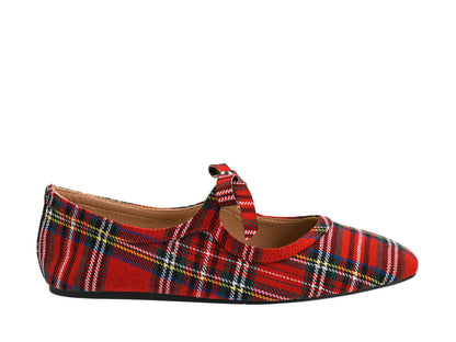 A red tartan plaid flat shoe with a Mary Jane strap, shown in profile against a plain white background.