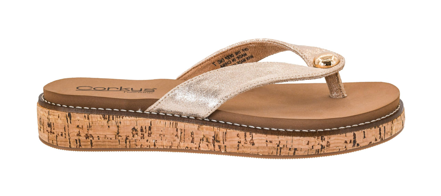 Corkys Footwear Off the Deep End Women’s Thong Flip Flop – With Cushioned EVA Insoles for Comfort, A Metal Domae Accent, and a Cork Wrapped 1-Inch Heel