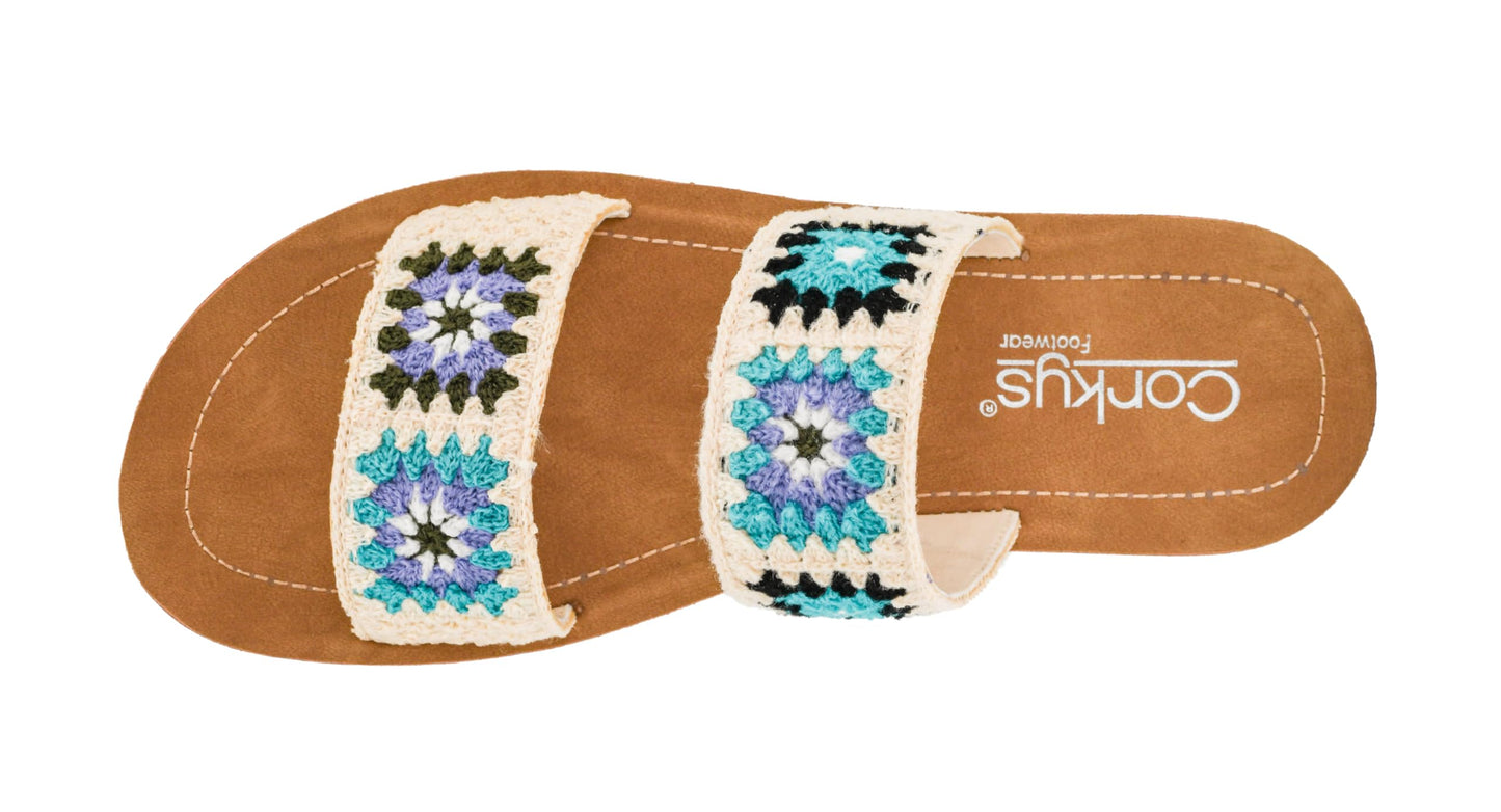 Corkys Footwear Toodles Double Strap Sandal - Featuring Two Colorful Crocheted Straps, A Comfy and Cushioned Insole, Easy and Convenient Slip-On design