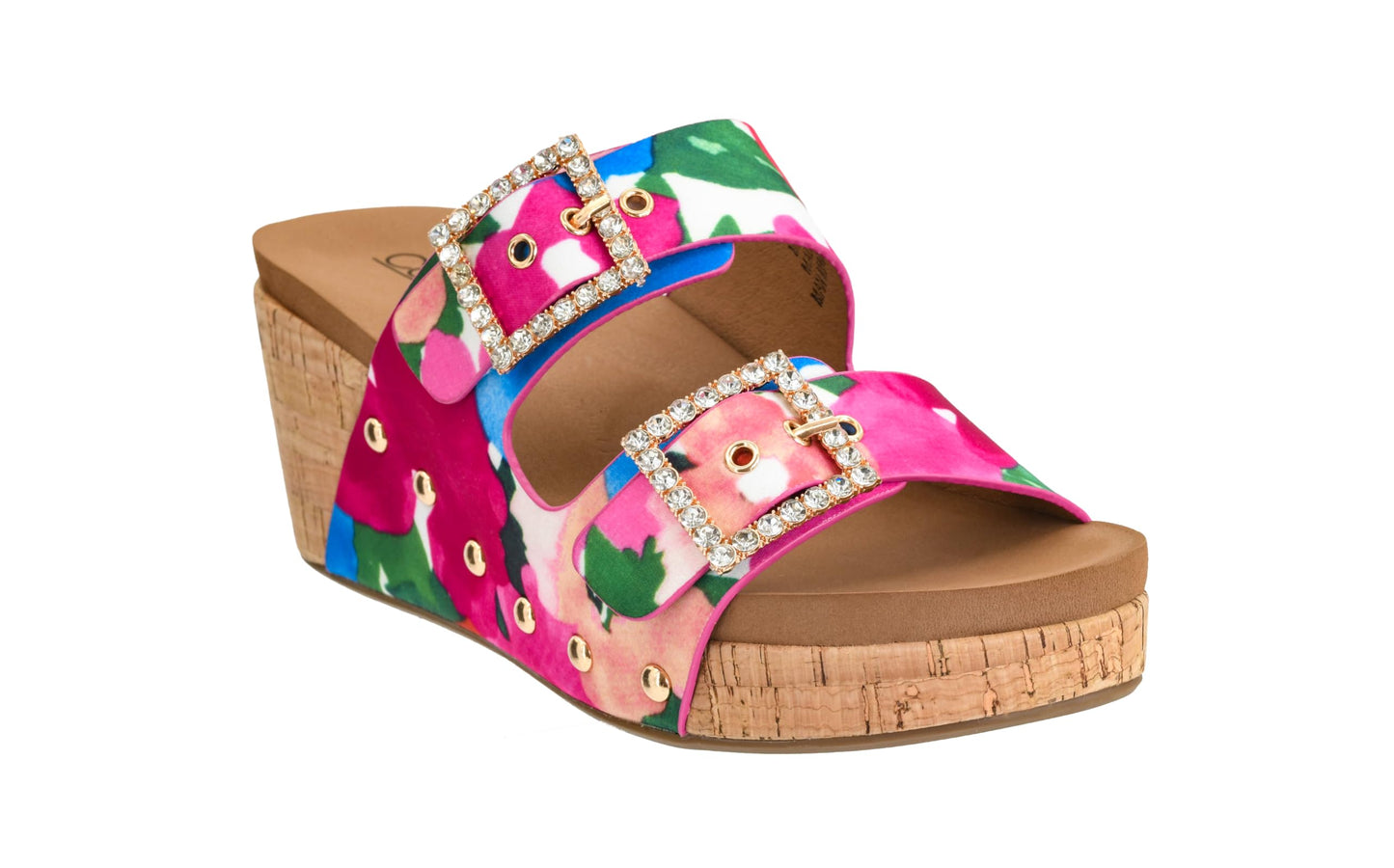 Corkys Footwear Womens Main Squeeze Wedge - Featuring a 2.5-Inch Wedge, Two Fully Adjustable Rhinestone Buckles, Comfortable EVA Insoles for All-Day Wear - Floral, Size 11