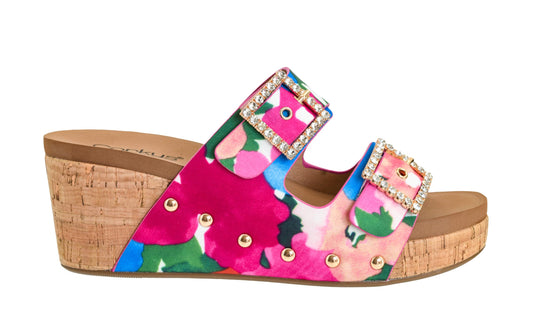 Corkys Footwear Womens Main Squeeze Wedge - Featuring a 2.5-Inch Wedge, Two Fully Adjustable Rhinestone Buckles, Comfortable EVA Insoles for All-Day Wear - Floral, Size 11