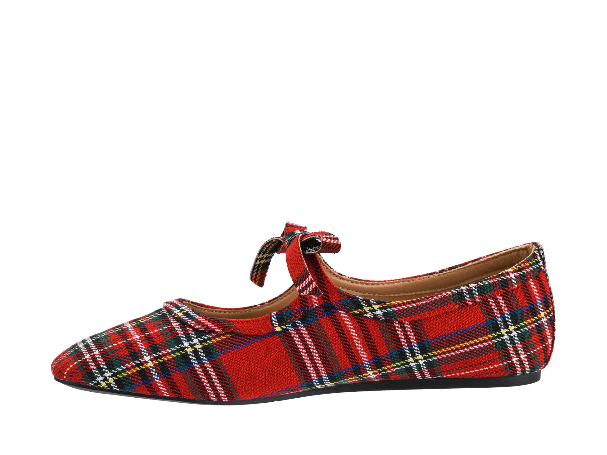 A red tartan plaid flat shoe with a small bow detail on the instep, shown in profile against a plain white background.