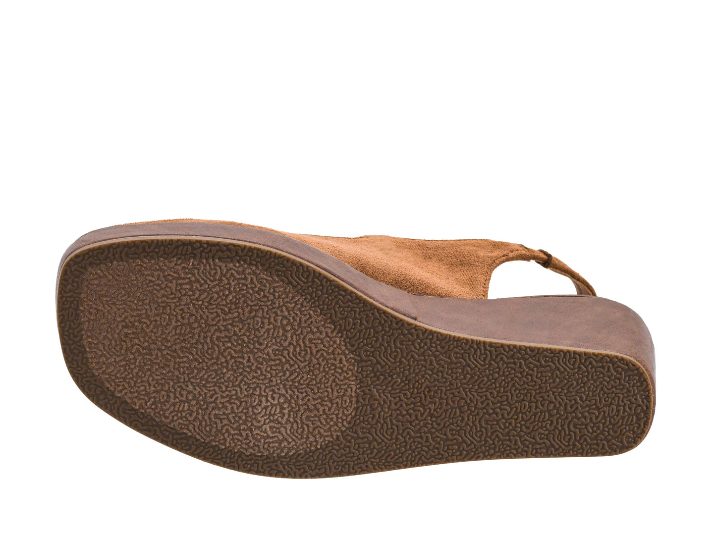 The textured brown outsole and heel counter of a wedge sandal, showing the tread pattern and tan suede-like heel insert, isolated on a white background.