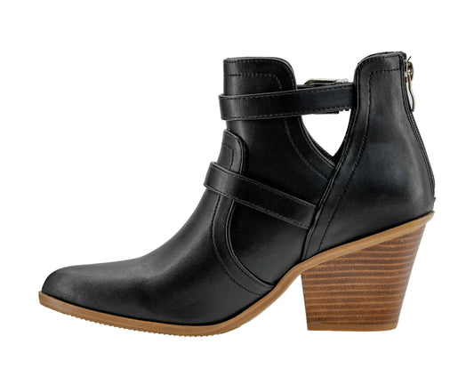 Corkys Footwear Girls Night 2.75-Inch Stacked Heel Booties with Memory Foam Insoles, Back Zipper, Chic Buckle Details, and Pointed Toe Design – Stylish and Comfortable