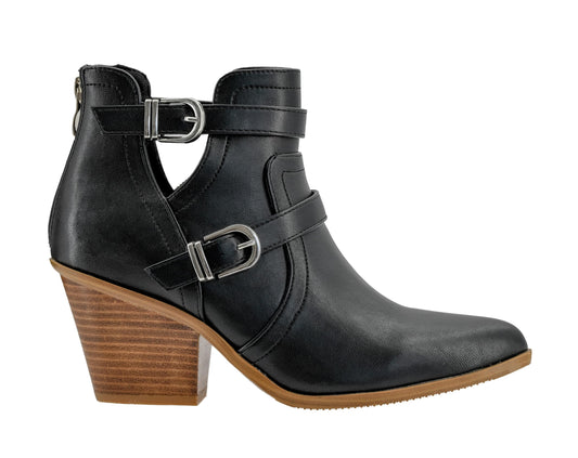 Corkys Footwear Girls Night 2.75-Inch Stacked Heel Booties with Memory Foam Insoles, Back Zipper, Chic Buckle Details, and Pointed Toe Design – Stylish and Comfortable