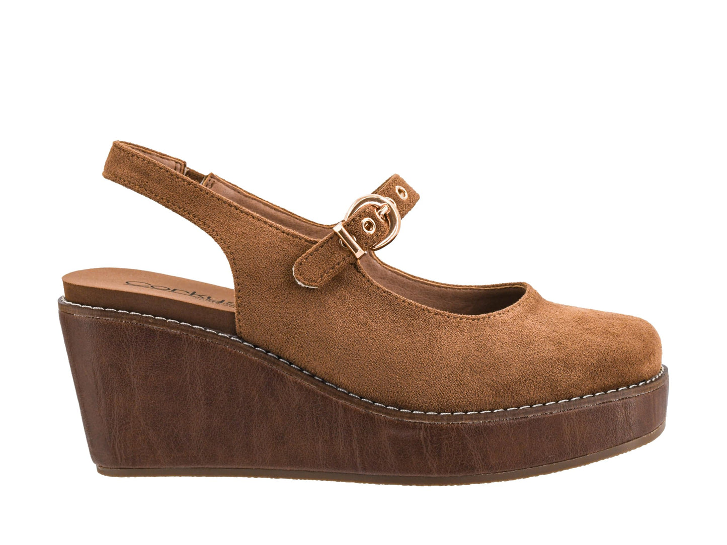 Chestnut wedge sandal with a strap and buckle on a white background