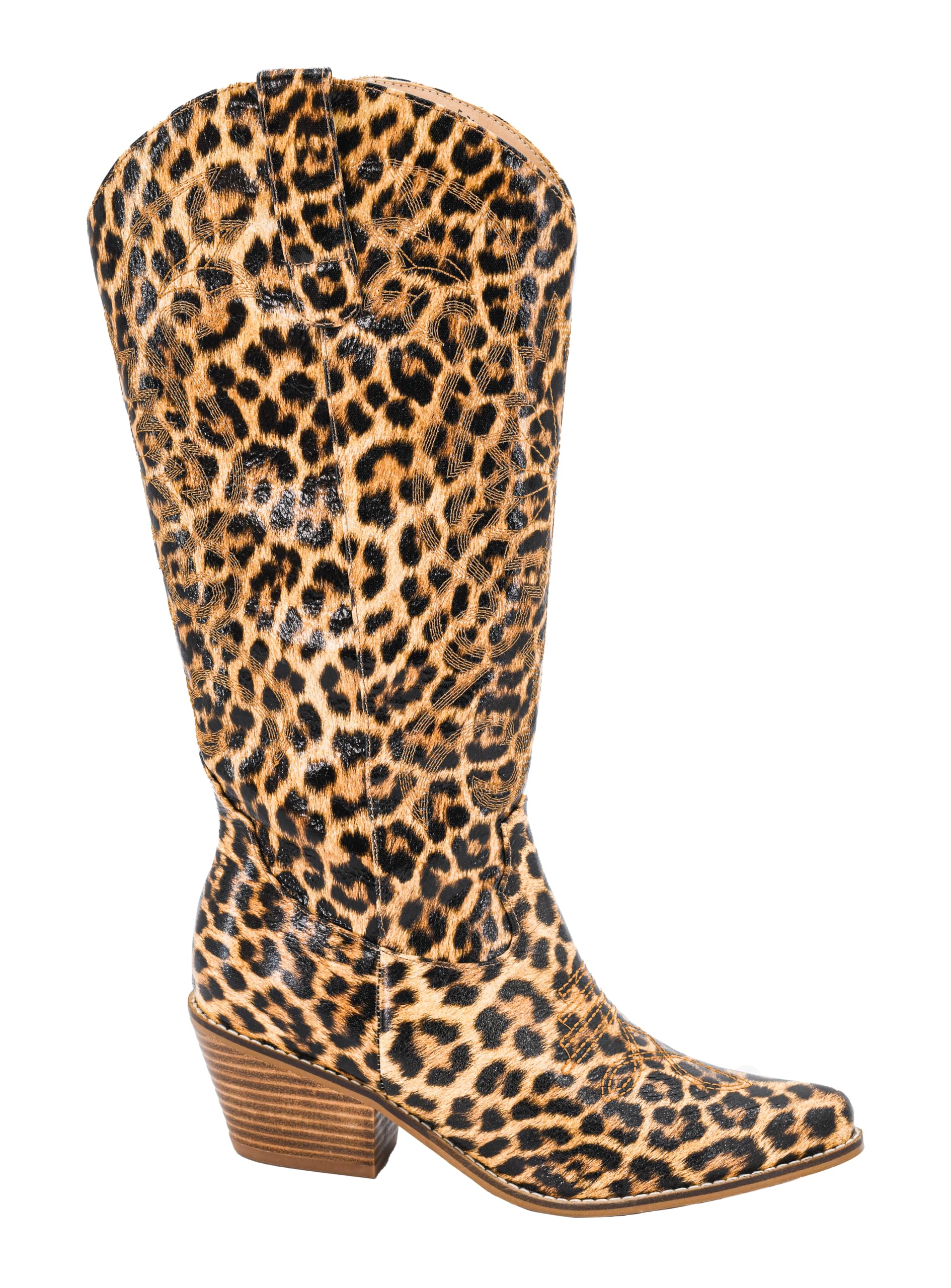 A tall leopard print boot