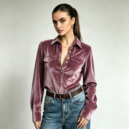 Autumn Holiday Pocket-Style Button-Up Shirt For Women Solid-Color Velvet Lapel Long-Sleeve Top