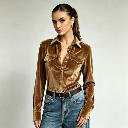 Autumn Holiday Pocket-Style Button-Up Shirt For Women Solid-Color Velvet Lapel Long-Sleeve Top